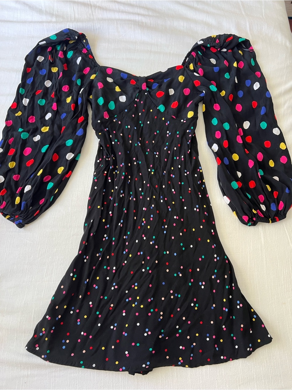 RIXO Polka-Dot Long Sleeve Swing Dress in black with multicolored dots